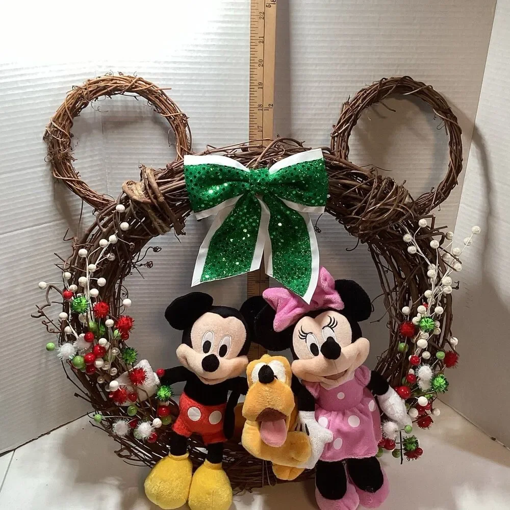 Mickey Minnie Pluto Christmas Wicker Wreath w/ Ears Holiday Door Xmas Decor
